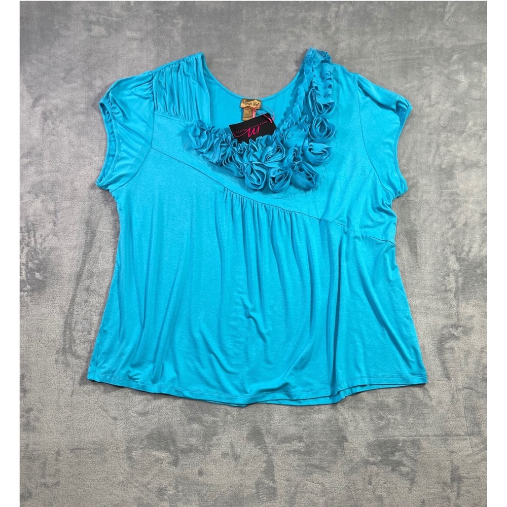 Midnight Velvet Womens 3X Turquoise Blue Rosette Neckline Short Sleeve Blouse